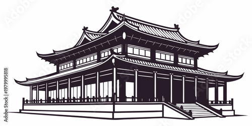 Classic traditional asian temple building silhouette with curved roof architecture and ornate wooden structure architecture silhouette building traditional structure historic illustration