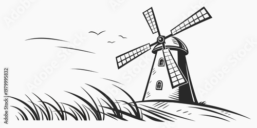 Black and white graphic silhouette of a rural dutch windmill in a field with tall grass windmill landscape silhouette monochrome countryside traditional agriculture illustration