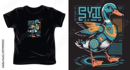 An eye-catching robot duck t-shirt design concept showcasing a mechanical bird in a walking pose with digital graphics.