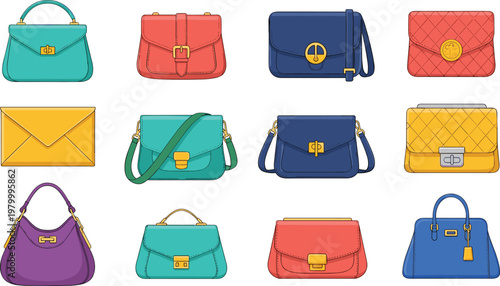 Fashion handbags vector set with colorful purses clutches and shoulder bags luxury accessories collection illustration