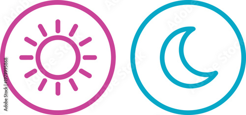 Bright pink sun and blue moon circular outline icons representing day and night cycle themes