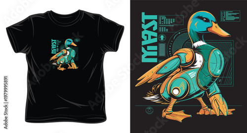 A vibrant robot duck t-shirt design concept presenting a mechanical bird in motion with cybernetic enhancements and tech details.