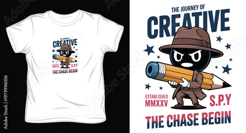 Spy character with pencil wearing hat and trench coat, 'the chase begin'.