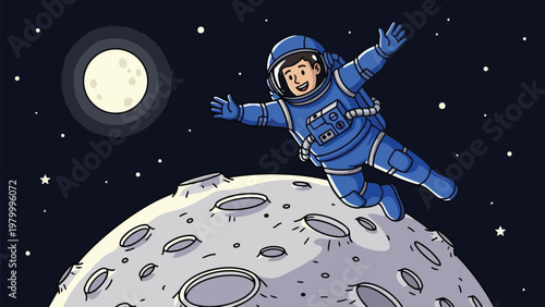 Astronaut Floating Above the Moon in Space Illustration.