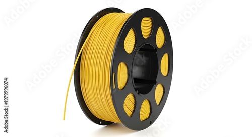 Black spool of yellow 3D printer filament on white background product shot