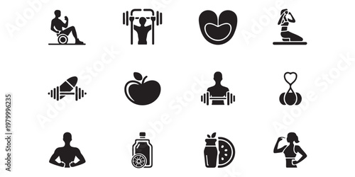 Gym and Healthy Lifestyle Silhouette Icons for Sports and Nutrition