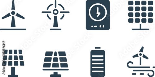 Collection of sustainable energy icons featuring wind turbines solar panels and battery power storage units