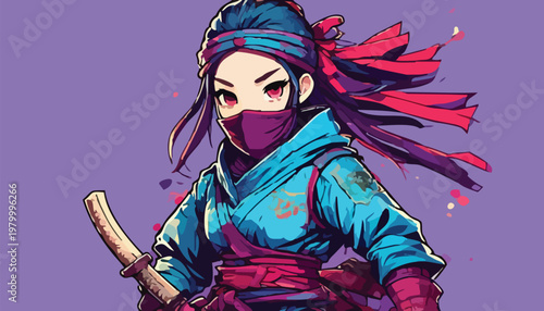 Anime Ninja Girl with Sword and Mask in Action Pose.