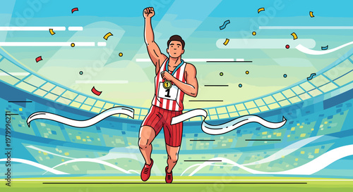 A triumphant male athlete crosses the finish line, raising his fist in victory amidst a shower of confetti and a cheering stadium crowd.