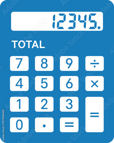Calculator with display showing numbers and buttons for calculations, representing accounting and financial management.