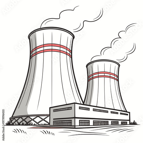 A nuclear power plant with two cooling towers emitting steam