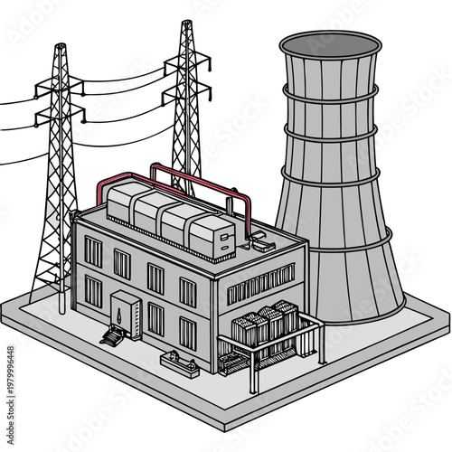 Isometric illustration of a nuclear power plant with cooling tower and transmission lines