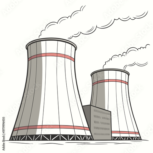 Cooling towers of a nuclear power plant with smoke coming out
