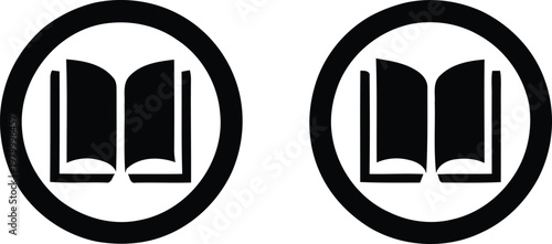 Two black circular icons featuring open book symbols for educational websites and library signage applications