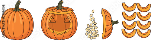 Pumpkin carving sequence with whole, cut and jack o lantern stages, halloween preparation process in vector illustration set
