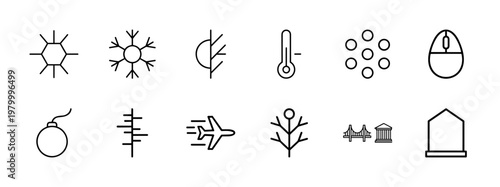 Minimalist winter snowflake line icons for seasonal weather design