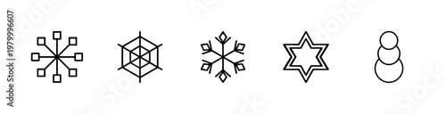 Minimalist winter snowflake line icon set for seasonal weather and holiday design.