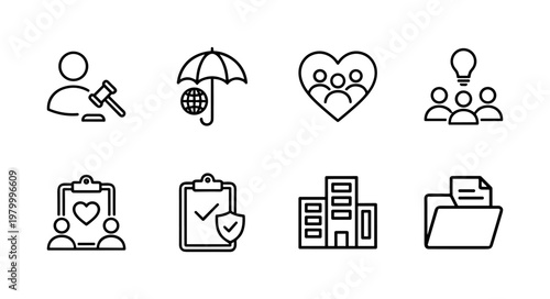 Social policy and community welfare thin line icon set
