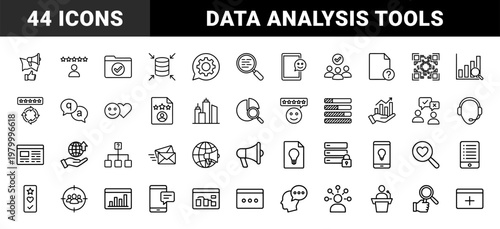 Survey and feedback line icon set for business data and user reviews
