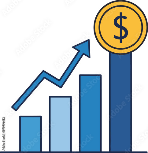 Financial chart with arrow shows upward trend and dollar coin, representing business growth and profit increase.