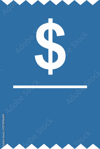 Dollar sign on blue receipt paper with torn edges, symbolizing financial transaction and payment.