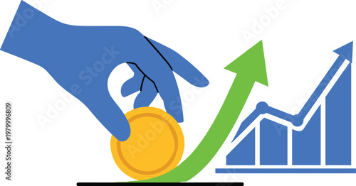 Hand placing coin on upward trending graph vector illustration, financial growth concept.