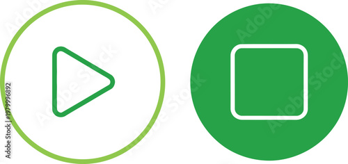 Green play and stop media control icons for interactive user interface and digital player navigation buttons