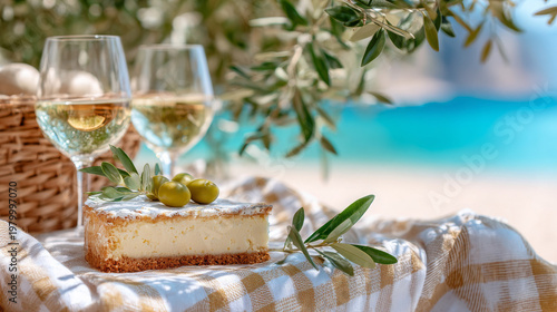 Creamy cheesecake with olives on picnic blanket by the beach  