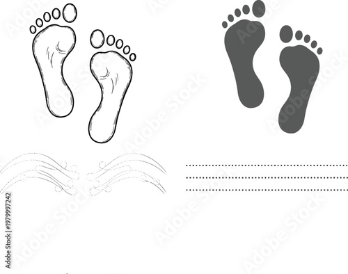 Human Footprint Vector Set Featuring Hand Drawn Sketch and Flat Silhouette Styles for Podiatry Health, Forensic Investigation, Carbon Footprint Tracking, and Path Illustration