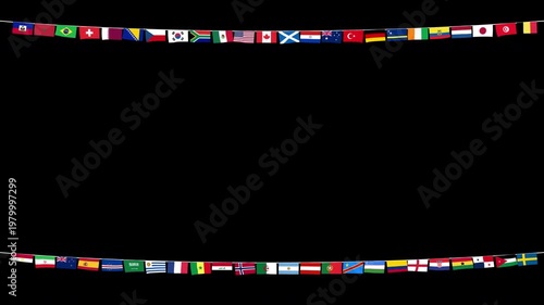 Flags of 48 countries hanging and swaying from two strings. Animation of the flags of the 48 countries selected for the FIFA World Cup 2026 flying in the wind.