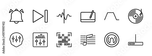 Sound system and audio technology outline icons for music production