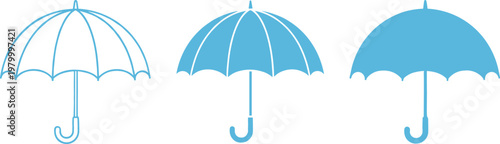 Blue Umbrella Icon Set with Outline and Solid Flat Vector Designs for Weather Forecasting, Rain Protection, Insurance Safety, and Autumn Season Graphics