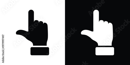 Minimalist black line art of index finger pointing up beside black square frame containing white inverted version. Clean vector duo for UI direction, selection, navigation icons in apps, websites. Sca