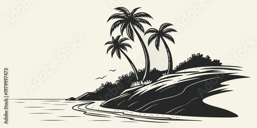 Black and white vector illustration of a tropical island beach landscape with palm trees and ocean shore tropical landscape paradise silhouette vacation illustration shoreline coastline
