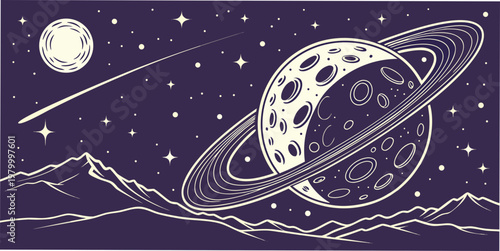 Graphic illustration of a ringed planet over a mountainous landscape in space with landscape mountains astronomy universe celestial exploration astrophysics background illustration
