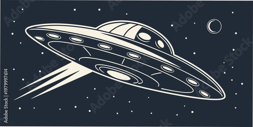 Vintage style illustration of a flying saucer ufo soaring through deep space among stars and a crescent moon with spaceship astronomy extraterrestrial illustration exploration unidentified