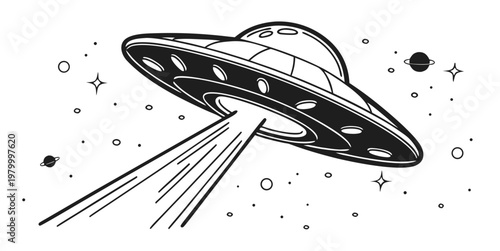 Line art drawing of an alien saucer craft emitting a light beam with science fiction spacecraft spaceship astronomy universe technology exploration extraterrestrial illustration