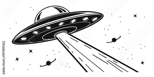 Black and white graphic illustration of a ufo spaceship hovering in space and emitting a bright tractor beam with spaceship extraterrestrial exploration astronomy illustration monochrome