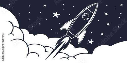 Stylized black and white illustration of a space rocket flying through the starry night sky with clouds exploration astronomy transportation technology propulsion engineering illustration