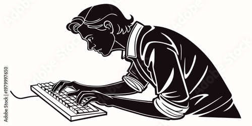 Minimalist black and white illustration of a focused person typing on a computer keyboard representing digital work or programming with keyboard computer programming technology business