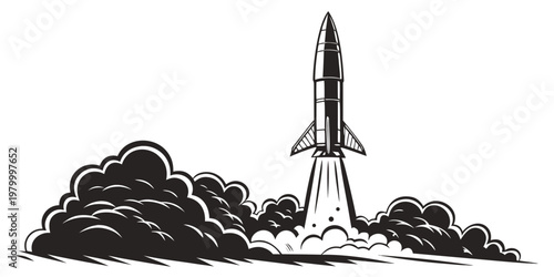 Black and white graphic of a space rocket launching into the sky with thick plumes of smoke exploration astronomy transportation technology propulsion engineering powerful illustration