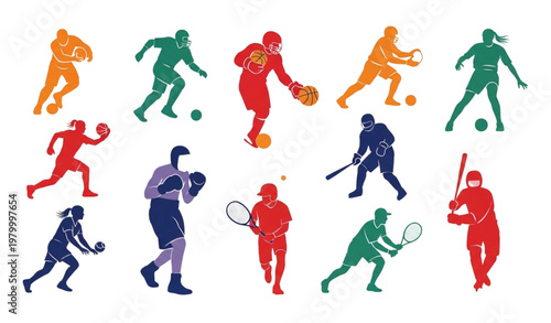 Modern flat sports silhouettes set colorful athlete figures football basketball hockey tennis vector illustration