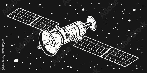 Artificial satellite orbiting in deep space with solar panels and antenna communication dish illustration satellite technology communication astronomy exploration spacecraft illustration