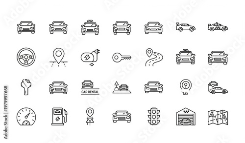 Car line icon collection with vehicle electric taxi race and transportation UI outline vector set