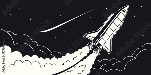 Detailed black and white graphic of a space shuttle launching into the dark night sky with a trail of smoke and stars exploration astronomy transportation technology propulsion engineering