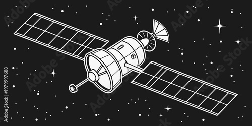 Graphic illustration of space satellite with solar panels floating in deep starry space satellite technology exploration astronomy communication spacecraft illustration monochrome