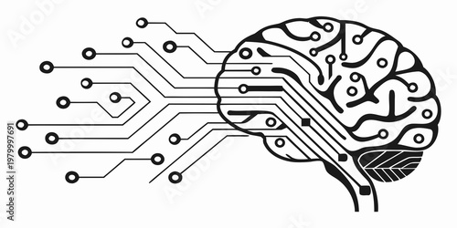 Human brain schematic connected to digital electronic circuit board pathways with technology intelligence artificial innovation computing abstract processor information engineering