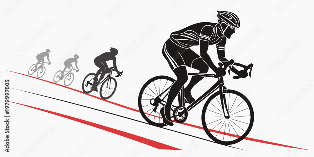Naklejka premium Cycling race graphic featuring a lead rider with trailing competitors on a road competition athletes training illustration performance endurance exercise lifestyle movement challenge
