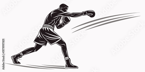 Graphic illustration of a boxer throwing a powerful punch in a dynamic action pose with training strength aggression exercise competition silhouette illustration professional determined
