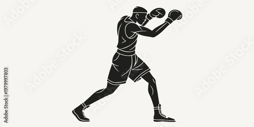 Minimalist silhouette graphic of a male boxer in a guard stance professional combat sports and fitness training concept martial arts training silhouette illustration minimalist champion